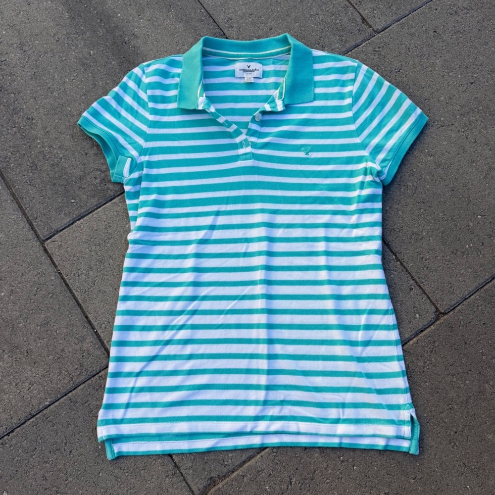 American Eagle Outfitters Teal White Striped Polo Shirt Womens Large